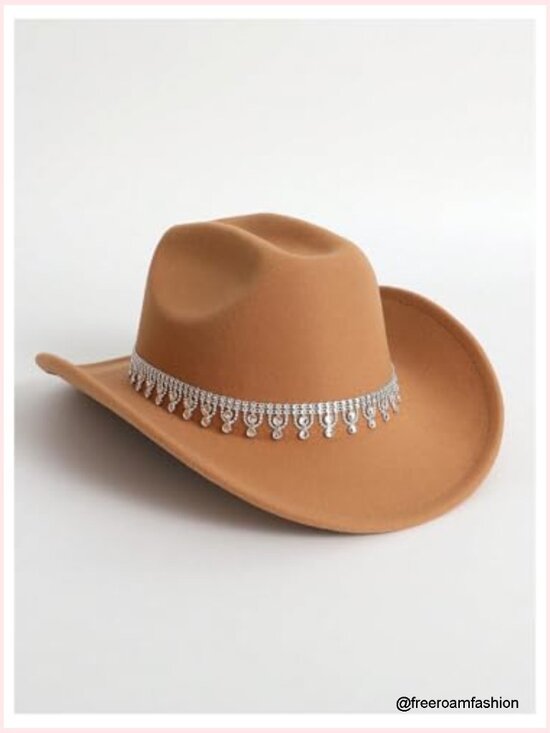 Women\'s Western Boho Cowboy Hat Rhinestone Sequin Wide Brim Cowgirl Hat